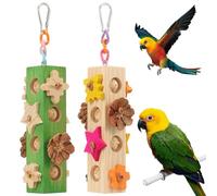 YUNYOUC 2Pcs Wood Parrot Chew Toys, Relieve Boredom and Anxiety Bird Toy, Hanging Foraging Toy, Multi Shape Fun Design Multipurpose for Parakeets Budgies, Conures, Finches(Green+Neutral Color)