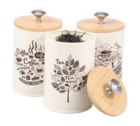 YUNYOUC 3Pcs Round Metal Tea Coffee Sugar Canisters Set, Vintage Tea Coffee Sugar Canister Set with Bamboo Lid, Caddy Container Canister Jars for Home Countertop Pantry(3PCS)
