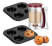 YUNYOUC 4 Hole Muffin Pan Bakeware, Non Stick Cupcake Mini Pie Pan, Heavy Duty Carbon Steel Muffin Tray Standard Baking Mold with Batter Dispenser for Pudding, Bun, Cupcakes(Set A)