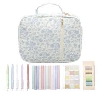 YUNYOUC Bible Study Kit with Carrying Case for Women, Quilted Cotton Bible Bag with 12 Highlighters, 5 Pens, 75 Bookmarks & 200 Labels, Floral Journaling Set for Church & Home (Small Blue Flowers)