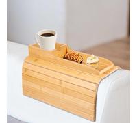YUNYOUC Couch Arm Tray, Bamboo Sofa Table for Couch, Foldable Sofa Arm Tray with Cup Holder, Non-Slip Armrest Organizer for Drink, Cup, Snack, Control