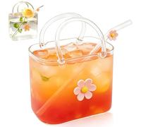 YUNYOUC Handbag Shape Glass Cup with Straw, Unique Glass Purse Vase for Flowers, Aesthetic Clear Beverage Container for Cocktails Juice & Mocktails, Stylish Home, Bar Decor(Small Pink Flower)