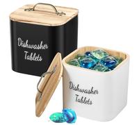 YUNYOUC Wooden Laundry Pods Container with Lid, Black Square Dishwasher Tablet Storage Box, Detergent Pod Holder for Laundry Room, Storage Container for Washing Pods, Bath Bombs(Black+White)
