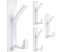 YUNYU 4Pack Self-Adhesive Metal Coat Hooks - Heavy Duty Wall Hooks, No-Nail Bedroom Accessories with Dual-Hook Design for Bathroom/Kitchen/Door (White)