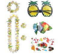 YUNYU 7-Piece Hawaiian Party Lei Set in Classic White & Green Leaves - Hawaii necklace flower decoration with Matching Flower Bracelets, Pineapple Sunglasses, Headband, Earrings