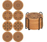 YUNYU 8Pcs Cork & Wood Coasters Set with Holder - Heat-Resistant Drink Coasters, Non-Slip Absorbent Coaster Set for Coffee Tables, Natural Brown Wooden Coasters Home Décor Accessories (C)