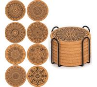 YUNYU 8Pcs Cork & Wood Coasters Set with Holder - Heat-Resistant Drink Coasters, Non-Slip Absorbent Coaster Set for Coffee Tables, Natural Brown Wooden Coasters Home Décor Accessories (A)