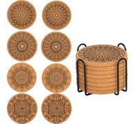 YUNYU 8Pcs Cork & Wood Coasters Set with Holder - Heat-Resistant Drink Coasters, Non-Slip Absorbent Coaster Set for Coffee Tables, Natural Brown Wooden Coasters Home Décor Accessories (B)