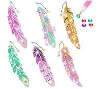 YUNYU Diamond Art Bookmarks for Kids & Adults - 6PCs Feather Shaped DIY Craft Kits with Acrylic Panels & Tools, Creative Gift Idea (Crystal Gem Painting Supplies)