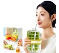 YUNYU Ice Cube Bottle with Straw & Strap, 800ml 2-in-1 Leakproof Freezer-Ready Water Bottle with Built-in Ice Tray for Summer Cold Drinks, Iced Coffee, Outdoor, Office, Travel