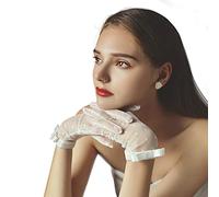 Yunyuebridal Women's Summer Polka Lace Gloves Short Wrist Bow Semi Sheer Tea Party Prom Cocktail Gloves, White#2, One Size