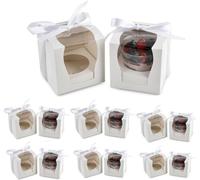 Yunzhou 12Pcs Cupcake Window Boxes Individual Cupcake Holders Disposable White Single Cupcake Boxes with Ribbons 3.5 * 3.5 * 3.5 Inch Cupcake Containers
