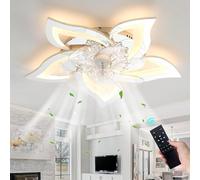 YUNZI 69CM Flower Chrome Ceiling Fan with Light and Remote Control Mute Ceiling Light with Fan Reversible DC Motor 6 Wind Speed for Bedroom Living Room LED Dimmable Chandelier Fan-Silver