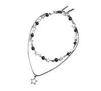 YUOIUX Double Layered Neckchain Black Bead Star Charm Necklace Adjustable PU Leather Rope Choker Accessory for Women and Girls