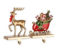 Yuokwer Set of 2 Santa with a Reindeer Christmas Stocking Holder Metal Christmas Stocking Hangers for Mantle Stocking Hooks Fireplace Free Standing Indoors (Antique Gold Reindeer)