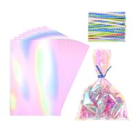 Yuomeaz 100 PCS Iridescent Treat Bags, 6 X 4 Inch Glitter Holographic Gift Bags with Colorful Ties, Holographic Party Favor Bag for Candies, Cookies, Wedding, Birthday Party Gifts