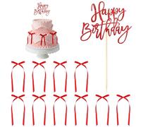 Yuomeaz 11 Pcs Red Bow for Cakes, Red Bow Cake Decorations, Bowknot Cake Toppers with Happy Birthday Cakes Topper for Wedding Anniversary Party