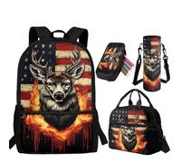 Yuowearedg Cute Backpack with Lunch Box for Girls 6-8 Bookbag Lunch Bag Set Pencil Case Water Bottle Holder, Cool Deer American Flag, L, Animal