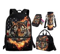 Yuowearedg Cute Backpack with Lunch Box for Girls 6-8 Bookbag Lunch Bag Set Pencil Case Water Bottle Holder, Cool Tiger American Flag, L, Animal