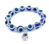 Yup It All - Hand Evil Eye Bead Bracelet Turkish Hamsa Hand of Fatima 8mm Stretch Blue Beads Lucky Charm Nazar Boncuk Battu Protection Blessing Good Luck Gift Women Handbag Diwali
