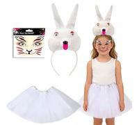 YUPDFGB 3 Pcs Easter Bunny Costume, White Rabbit Dress Up Outfit with Bunny Ears Headband, Face Sticker, Tutu Skirt, Perfect for Easter, Halloween and Birthday Parties