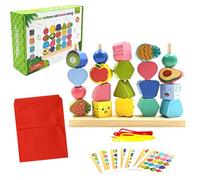 YUPDFGB Montessori Wooden Stacking Blocks Toys, Fruits Vegetables String Lacing Beads,Stacking Blocks & Lacing Beads & Matching Shapes, Threading Bead Stacking Blocks Toys for Toddlers 3+ Year Old