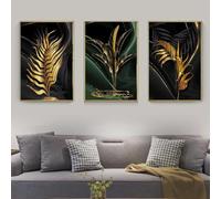 YUPPOG Black and Gold Pictures Wall Art Green Black Leaf Poster 3 Pieces Modern Abstract Canvas Painting Set Plant Picture Living Room Home Bathroom Decor-50x70cmx3 No Framed