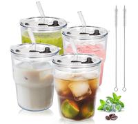 YupURStyle 13oz Glass Tumbler with Straw and Lid, Leakproof Sealable Travel Cup, 400ml Insulated Glass Cup for Iced Coffee, Tea, Juice, Water (Transparent 4Packs)