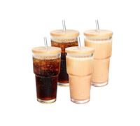 YupURStyle 20oz/600ml Glass Tumbler with Lid and Straw, Elegant Textured Drinking Glasses for Iced Coffee, Bubble Tea, Smoothies, and Cocktails, Reusable & Dishwasher Safe (4Packs Wood Lid)