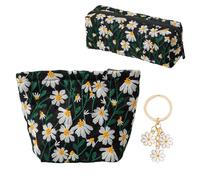 Yuqilin 2 Pieces Women's Make-up Clutch Bag Includes Key Ring Beauty Case for Women Two Sizes Clutch Bag Makeup Daisy Embroidery Travel Bag Polyester Fabric for Traveling, Black, 18 x 4 x 12,5 cm, 19