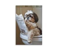 YUQLAGA Cute Shih Tzu Dog Sitting on The Toilet And Reading A Newspaper Poster Canvas Wall Art For Living Room Bedroom Gaming Room Office Posters 12x18inch(30x45cm)