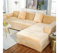 YUR L Shape Sofa Slipcover Soft Velvet Fabric,High Stretch Corner Couch Cover Elastic Bottom,Waterproof Armrest Furniture Protector Pets Kids, Beige, L Shape Medium