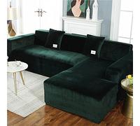 YUR L Shape Sofa Slipcover Soft Velvet Fabric,High Stretch Corner Couch Cover with Elastic Bottom,Waterproof Armrest Furniture Protector for Pets Kids, Green