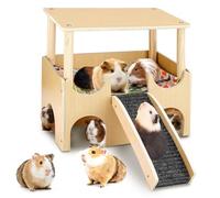 Yuragim Guinea Pig House Made of Wood with Stairs Ramp and Mats, Large Rodent House Guinea Pig Castle with 3 Entrances, Pets Toy Accessories Hiding Place for Dwarf Hamster Spiny Rabbit