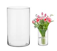 Yuraigm Glass Vase Large 25 cm High Flower Vase Glass, Clear Glass Vase, Round Glass Cylinder, Floor Vase, Large Decorative Vase, Clear Flower Vase, Cylindrical Glass Vase for Pampas Grass, Roses,