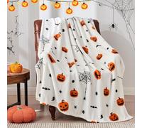 Yurhap Halloween Throw Blanket Spooky Orange Pumpkin Bat Spider White Throw Blankets Soft Cozy Fleece Horror Blanket for Bedroom Living Room Couch Sofa Bed Home Decorations 50x60 Inch