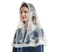 YuRongsxt Chapel Veils Catholic Mass Multicolored Embroidered Cherry Blossom Style Church Veil M8, Marian Blue+pale Gold, One Size
