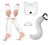 Yurosiay Yurosiay Faux Fur Fox Cat Costume Role Play Costume Fox with Fluffy Ears Tail and Paws Costume for Halloween Christmas and Carnival White 7-Piece Set