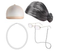 Yurosuis Old Lady Costume Set, Women's Robe, Grandma Wig, Glasses, Chains, Cords, Straps, Pearl Beads Set, Grandma Costume Wig for Halloween Cosplay