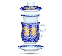 YURROAD 400ml Chinese Tea Cup with Lids Infuser Strainer Saucer, Dragon Pattern, Ceramic Tea Mug for Home Office - Blue TC400
