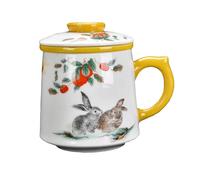 YURROAD Ceramic Tea Cup 3 in 1 Porcelain Tea Mug with Infuser/Lid/Handle Large Bone Mug 0.11gal/415ml Rabbit Pattern Tea Cup Gift for Women Personal Coffee Mugs Office/Home (White)-TC350