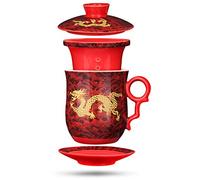 YURROAD Chinese Dragon Pattern Tea-Mug with Strainer Infuser and Lid and Saucer Ceramic Tea Mug Convenient System Chinese Porcelain Personal Tea Cup 13.5 oz(380ml) - RED , TC400