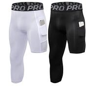 YUSHOW 2 Pack Compression Pants Mens 3/4 One Leg Compression Tight for Basketball Base Layer Cool Dry Runing Leggings with Pockets Cycling Sports Pants for Workout Athletic Training Gym