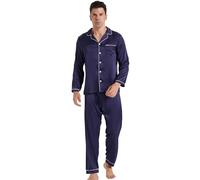 YUSHOW Mens Pyjamas Set Silk Satin Lounge Wear Long Sleeve Top & Bottoms Pyjamas for Men Soft Nightwear Pjs Navy Blue
