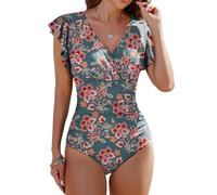 Yuson Girl One Piece Swimming Costume Tummy Control V Neck Ruched Padded Swimwear Push Up Ladies Swimming Costumes Ruffle Sleeve Wrap V Back Bathing Suit with Removable Cups
