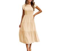 Yuson Girl Women Dresses Summer Beach Swing Ladies Dresses Boho Flowy Long Maxi Dresses Crewneck Ruffle Sleeve Smocked Elastic Waist Tiered Sundress(Apricot, L)
