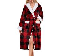 Yuson Girl Women's Flannel Dressing Gown Long Plush Fleece Robe with Hood Warm Winter Bathrobe for Women Soft Fluffy Loungewear Tartan Check Pattern Spa Sleepwear(Plaid-Wine, M)
