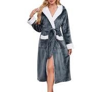 Yuson Girl Women's Flannel Dressing Gown Long Plush Fleece Robe with Hood Warm Winter Bathrobe for Women Soft Fluffy Loungewear Tartan Check Pattern Spa Sleepwear(Dark-Grey, L)
