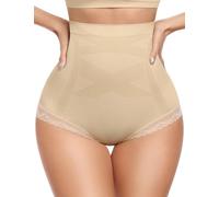 Yuson Girl Women's High Waisted Tummy Control Briefs Seamless Invisible Underwear Full Coverage Ladies Shapewear Panties with Lace Trim & Cotton Crotch(Skin, L)