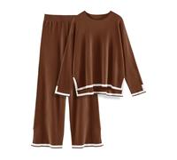 Yuson Girl Women's Knit Lounge Wear Sets 2 Piece Co Ord Loungewear Outfits Elegant Tracksuit Set Winter Warm PJs Long Sleeve Crewneck Pullover & Wide Leg Trousers(Brown, S)